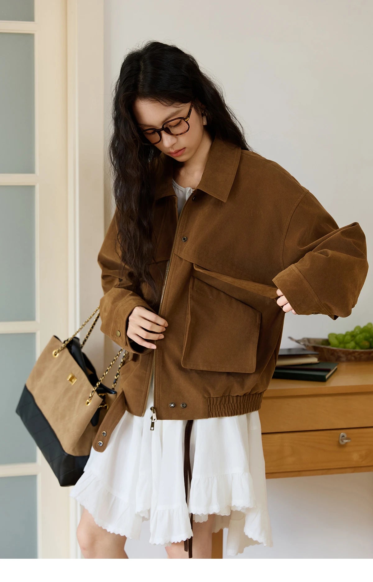 MISHOW Suede Retro Brown Jacket for Women Autumn Winter 2025 Pocket Zipper Loose Coats Lapel Wide-waisted Casual Coat MXE46W0866