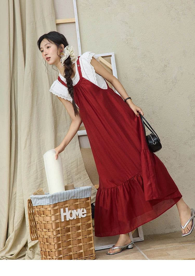 MISHOW Red Linen Strap Midi Dress Summer Sleeveless Casual Vacation Dress Hanging Neck Loose A-LINE Dress (Not A Set) MXE36L2309