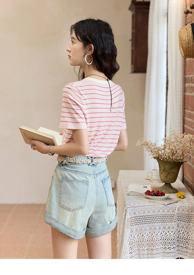 MISHOW Striped Knitted T-shirt for Women Summer 2025 Color Contrasting Round Neck Tees Wool Blended Slim Casual Top MXE35Z1270