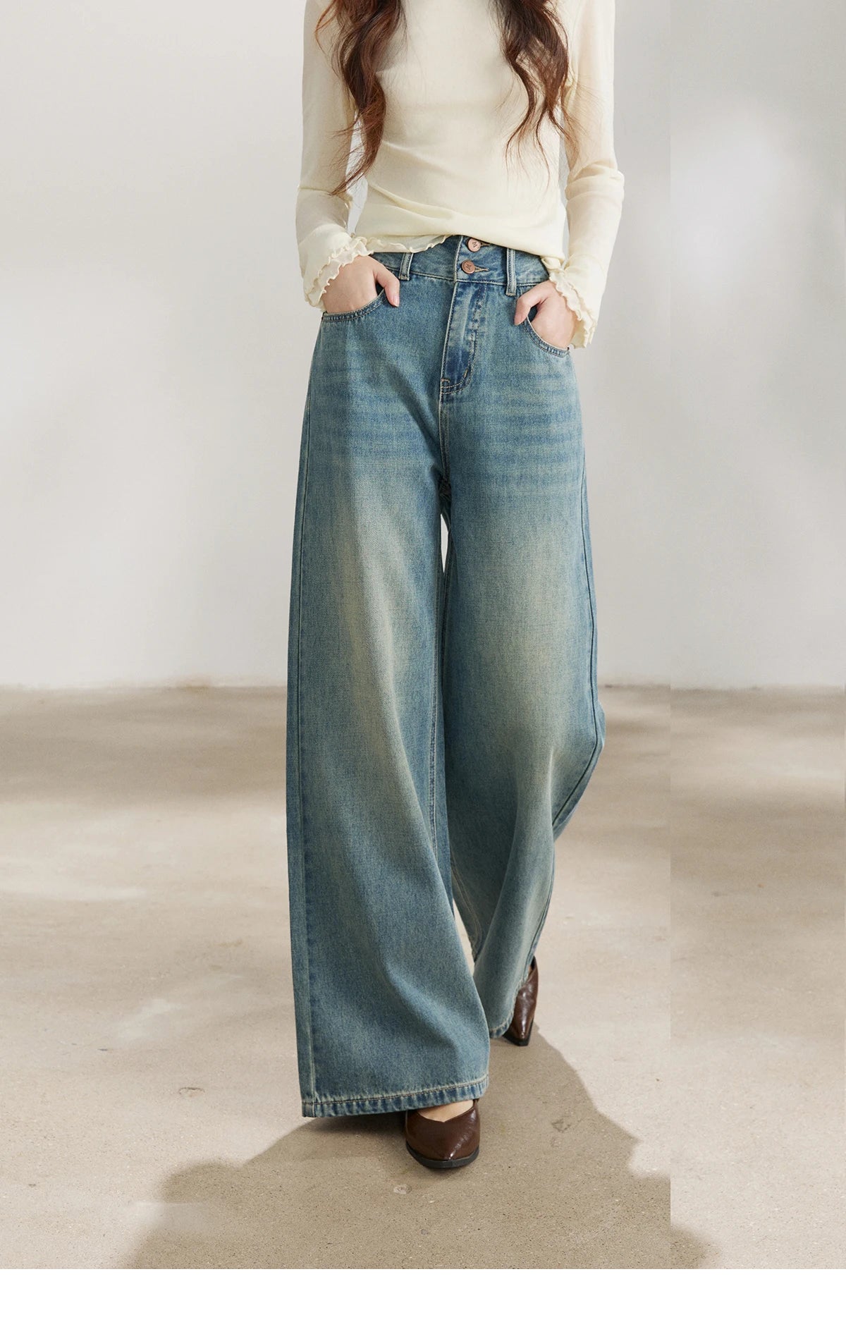MISHOW Women's Vintage Blue Wide Leg Jeans Spring High Waist Cotton Pants Two-button Loose Casual Denim Trousers MXF108K1005
