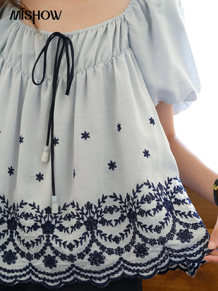 MISHOW Women's Summer Loose Print Blouse 2025 New Fashion Square Neck Lace Up Puff Sleeve Blue Blouse Female Clothing MXE36X1799