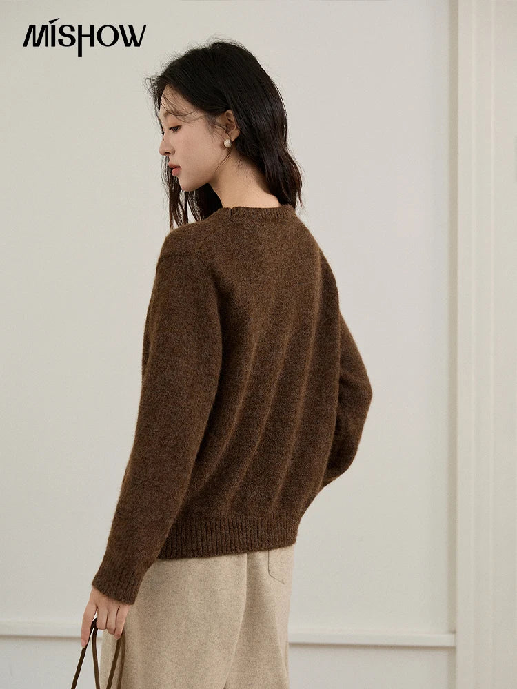 MISHOW Women's Brown Knitted Sweater 2025 Autumn Winter Cat Pattern Jacquard Crew Neck Sweaters Loose Pullover Tops MXE94Z2991