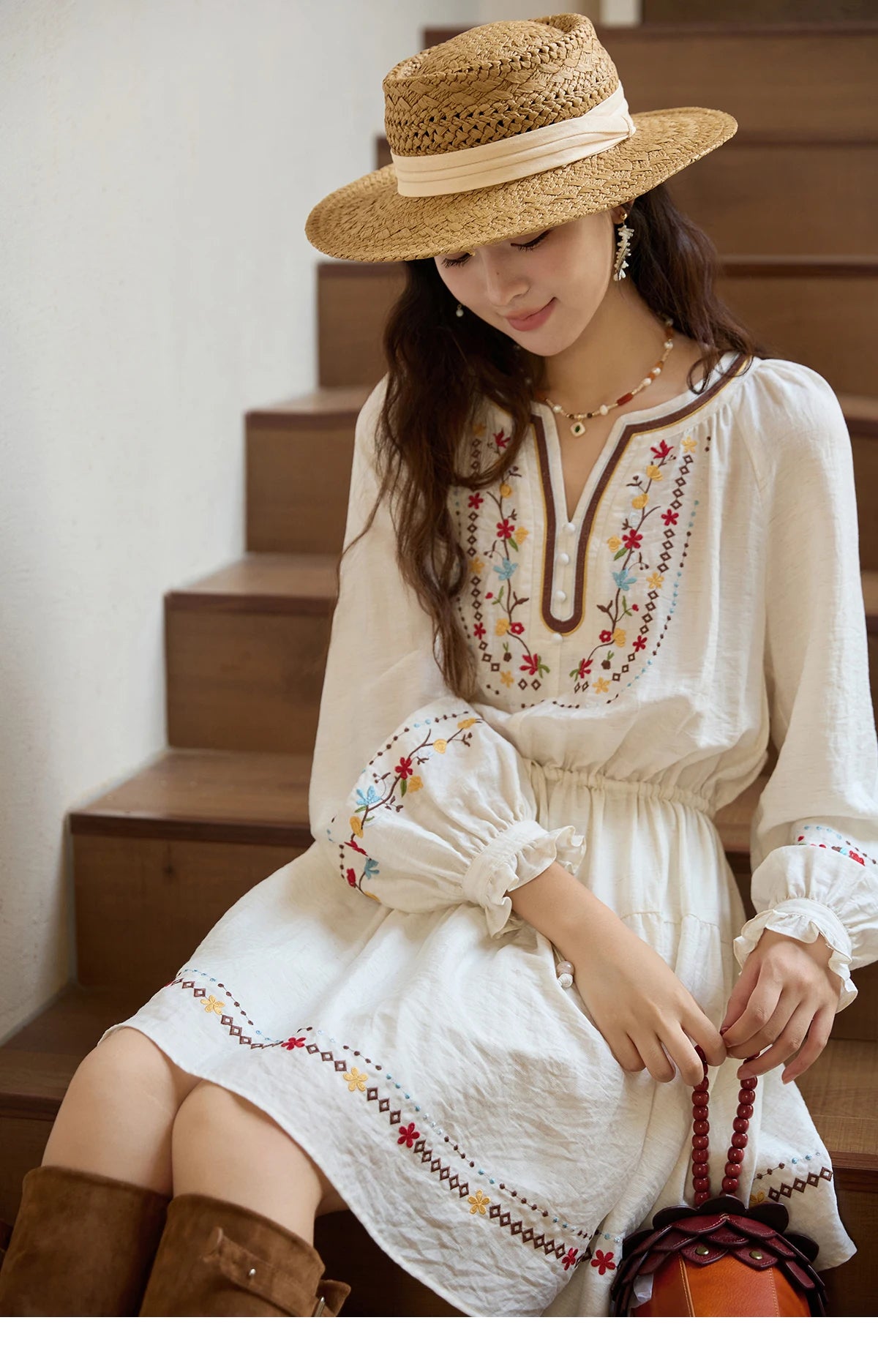 MISHOW Woman Long Sleeve Dress Autumn Elegant V-neck Embroidered Drawstring Waist Dress A-line Bohemian Midi Dresses MXE44L2489