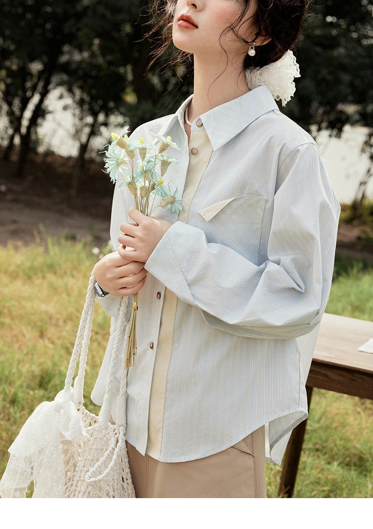 MISHOW Light Blue Striped Shirt for Women Spring 2025 Contrast Color Placket Shirt 100 Cotton Polo Neck Commuting Top MXE15C0762