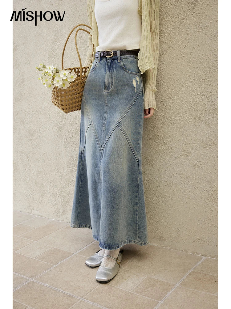 MISHOW Denim Skirt Women 2025 Spring Irregular Wash Denim Distressed Skirts Split Back Hem High Waist Commuter Skirt MXE14B0705