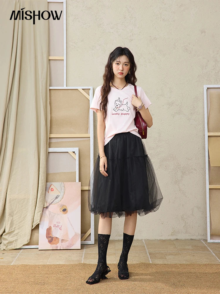 MISHOW Cute Printed Puppy Short Sleeve T-shirt 2025 Summer Round Neck Short Sleeved T-shirt Cotton Blend Casual Tees MXE36T0640