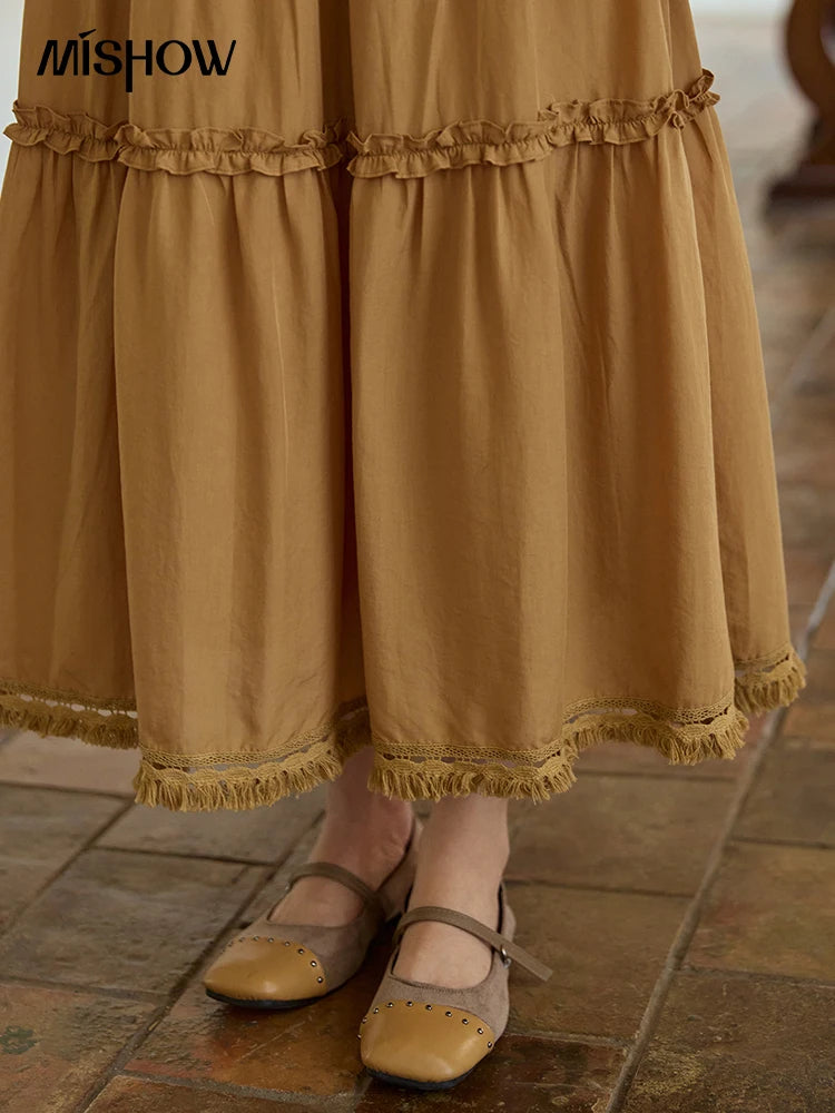 MISHOW Retro Orange 100 Lyocell Skirt 2025 Autumn Black Fungus Edge A-line Skirts Elastic High Waist Hem Tassel Skirt MXE42B2386