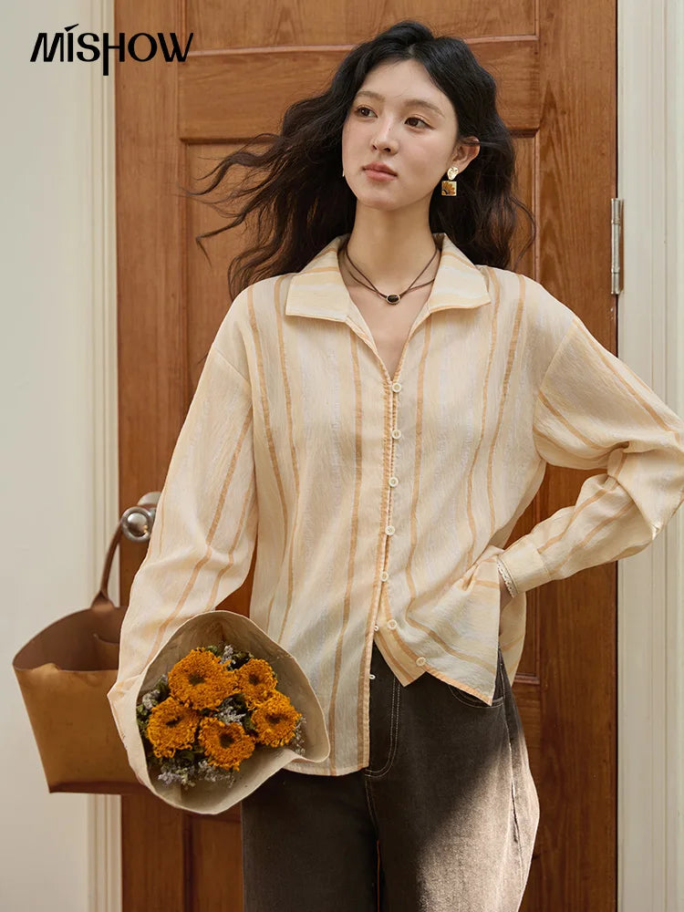 MISHOW Women's Korean Orange Stripe Linen Shirt 2025 Autumn Lapel Collar Lace Trim Cuffs Breathable Shirt Office Lady MXE43C2379