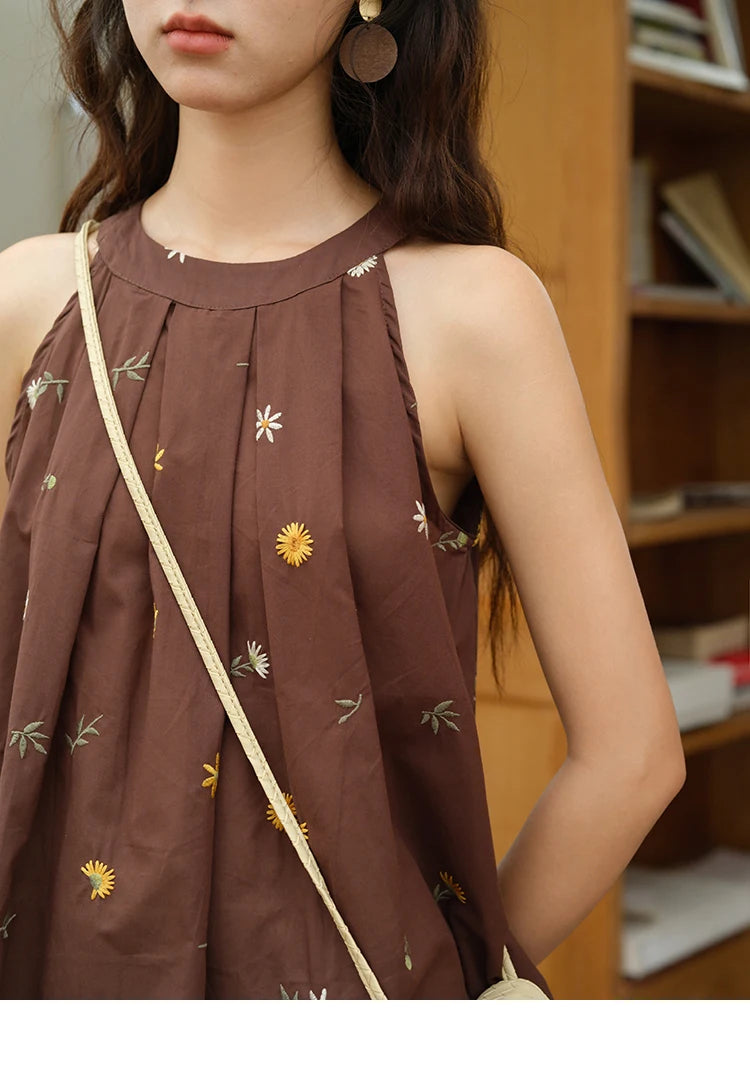 MISHOW Women's Two Piece Set 2025 Summer New Embroidery Hanging Neck Sleeveless Top Retro Khaki Wide Leg Pants Set MXE39T0713