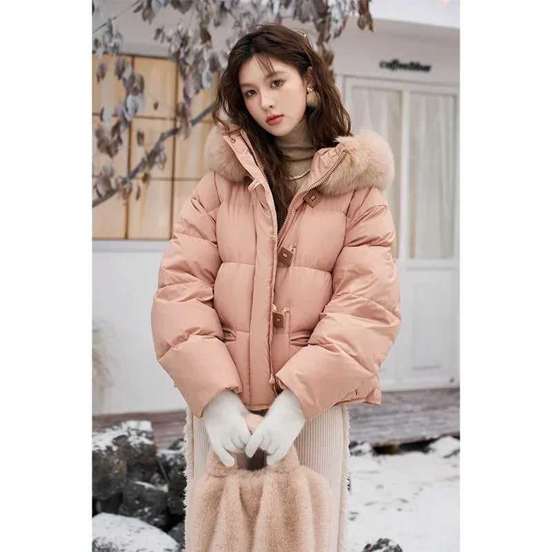 MISHOW Women's Winter Fur Collar Down Jacket 2024 Fashion Loose High Quality Hooded Short Down Coats Zipper Outwear MXC55Y0020