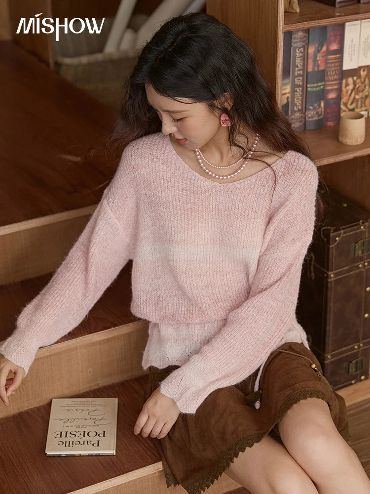 MISHOW Women's Pink Gradient Knitted Top 2025 Autumn French Wool Blend Ribbed Cuff Long Sleeve Tops with Knitted Rope MXE43Z1334