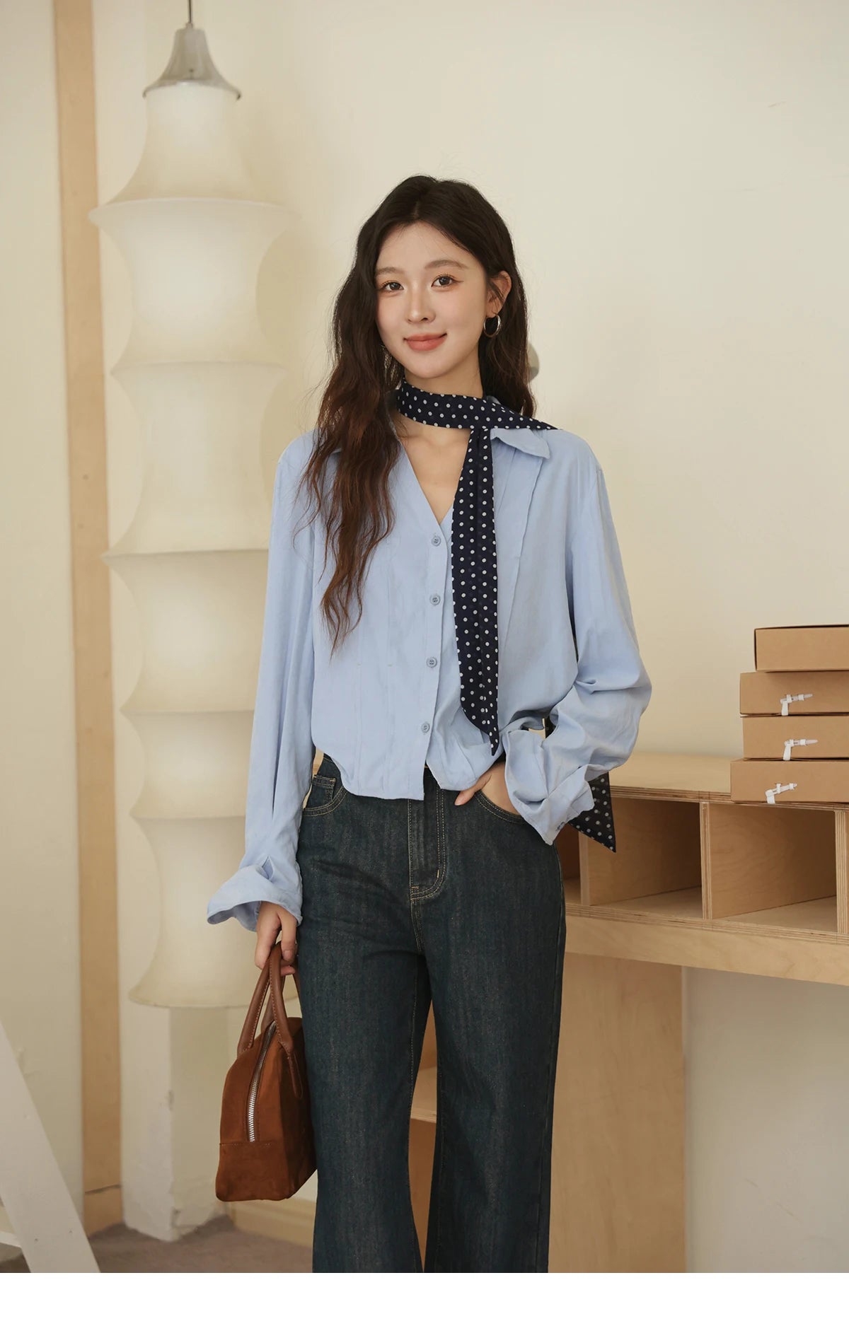 MISHOW Blue Peach Skin Velvet Shirt for Women Autumn 2025 Lapel V-neck Shirts Female Pleated Cuffs Tops Office Lady MXE44C2392