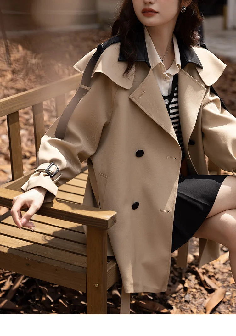 MISHOW Trench Coats for Women Autumn Korean Office Lady Polo Collar Patchwork Long Mid-length Jacket Female Outerwear MXB33W0399