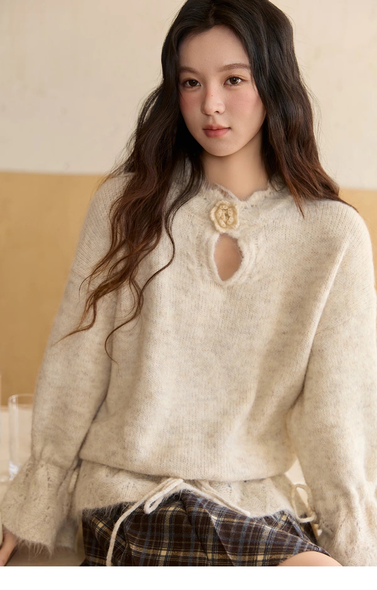 MISHOW Apricot Drawstring Waist Pullovers Women 2025 Winter New Luxury Three-dimensional Flower Hollow Out Sweater MXE88Z2709