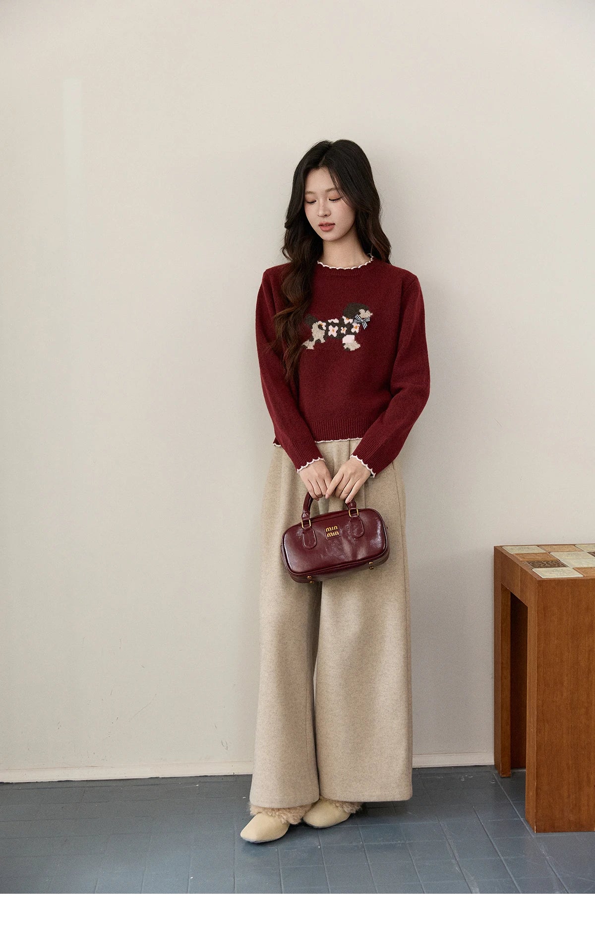 MISHOW Women's Burgundy Knitted Sweater 2025 Winter Poodle Pattern Ruffled Trim Crew Neck Sweater Warm Pullover Tops MXE93Z2949