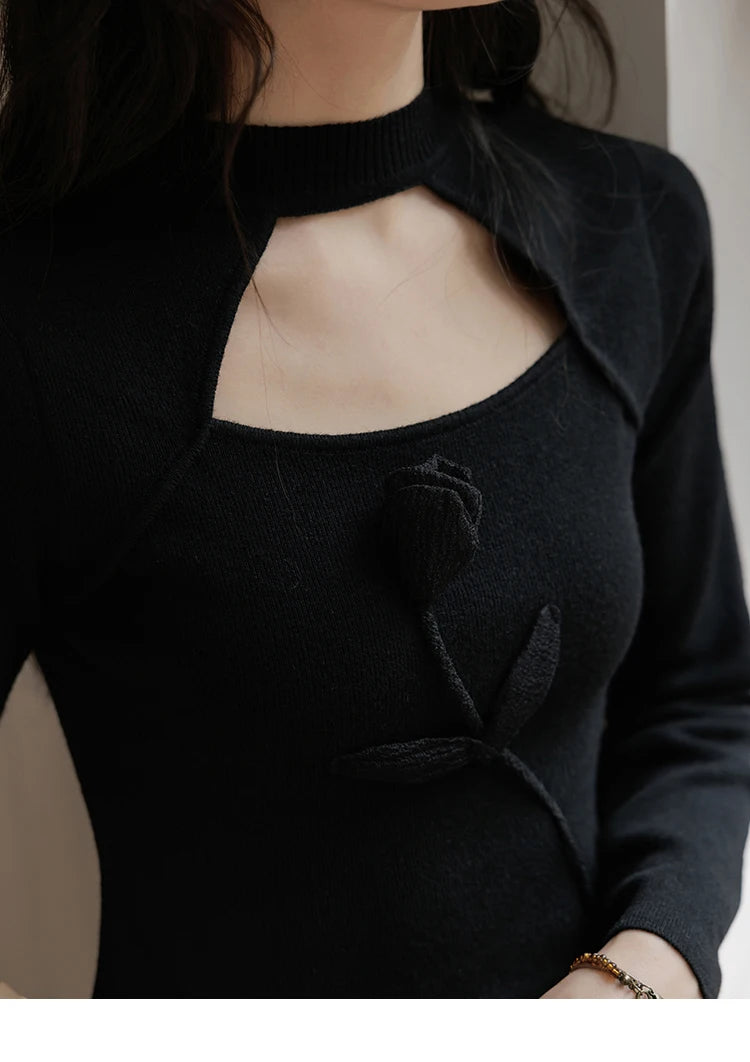 MISHOW Women’s Black Tulip Knitted Sweater French Vintage Hollow Out Sweaters Mock Neck 2024 Fall Elegant Slim Top MXD42Z0731