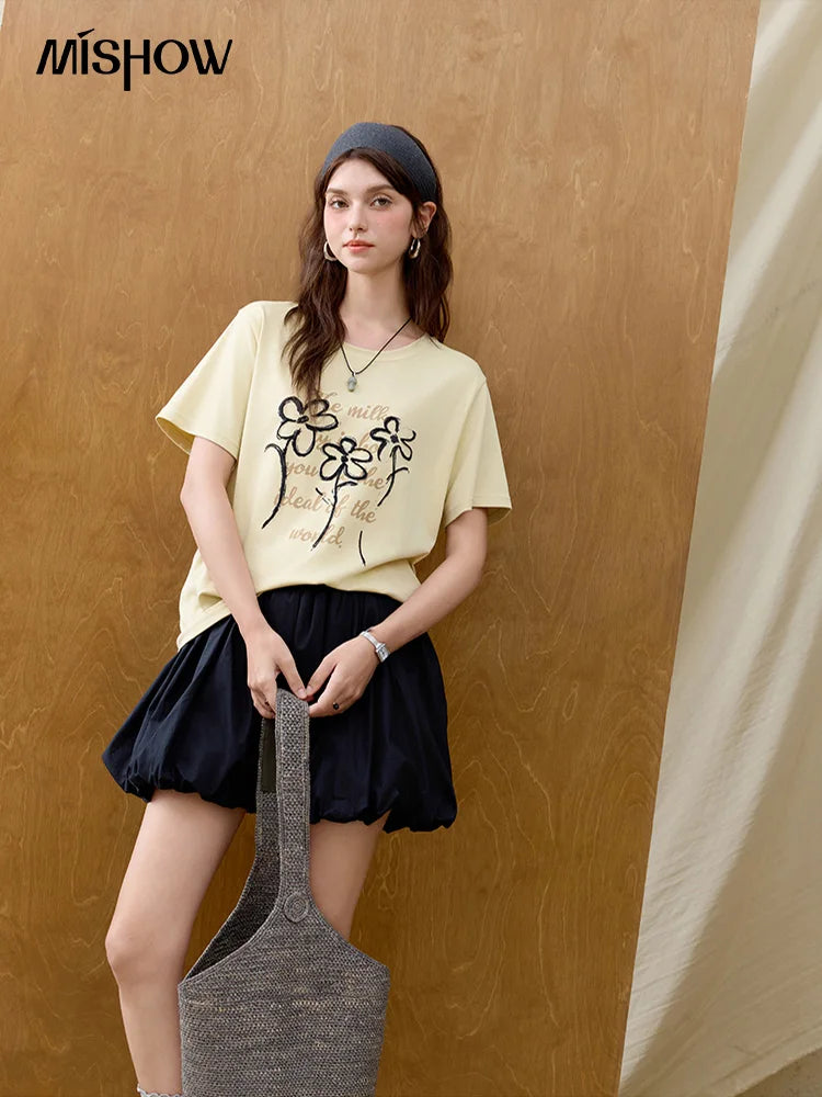 MISHOW Casual Print T-shirts Women Summer 2025 Short Sleeve Round Neck Embroidered Flower Shirt Female Loose Slimming MXE33T0498