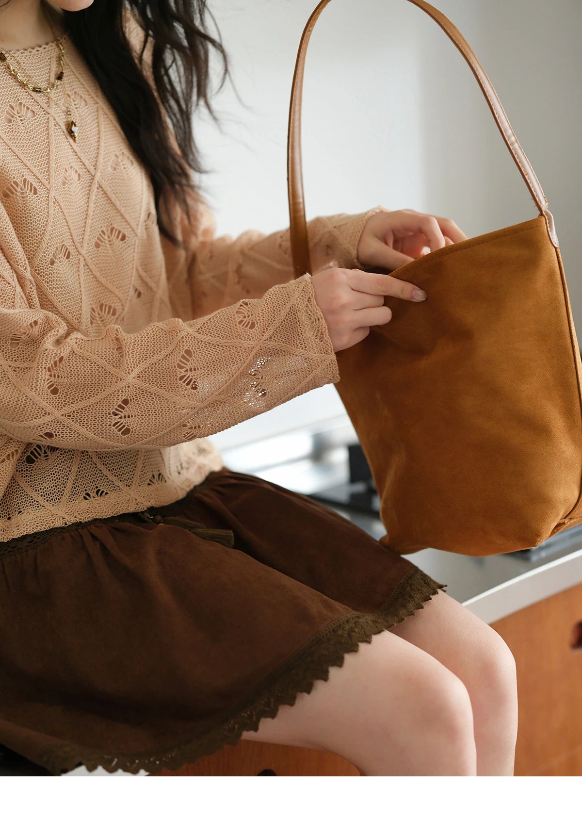 MISHOW Women's Diamond Patterned Knitted Top 2025 Autumn Bohemian Hollowed Out Thin Top Scoop Neck Knitted Sweaters MXE42Z1332