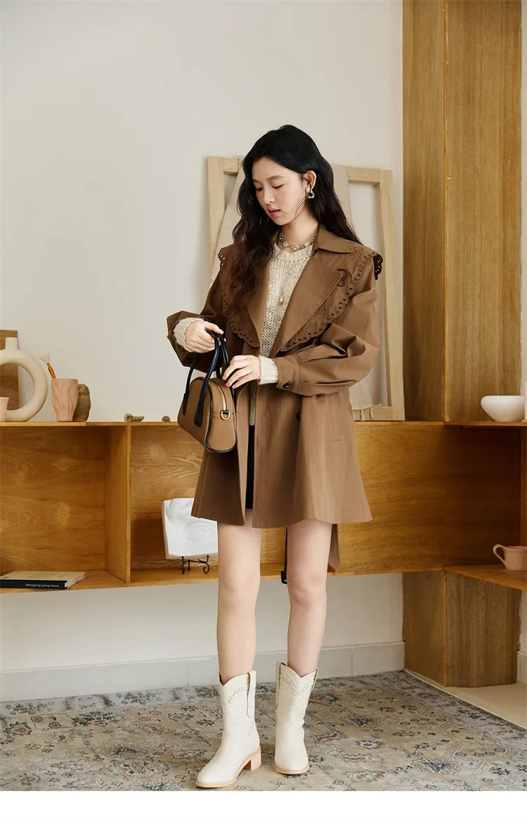 MISHOW Women's Trench Coat 2025 Autumn Hollow Embroidery Mid-length Windbreaker Double-breasted Belt Retro Jacket MXE46W0862