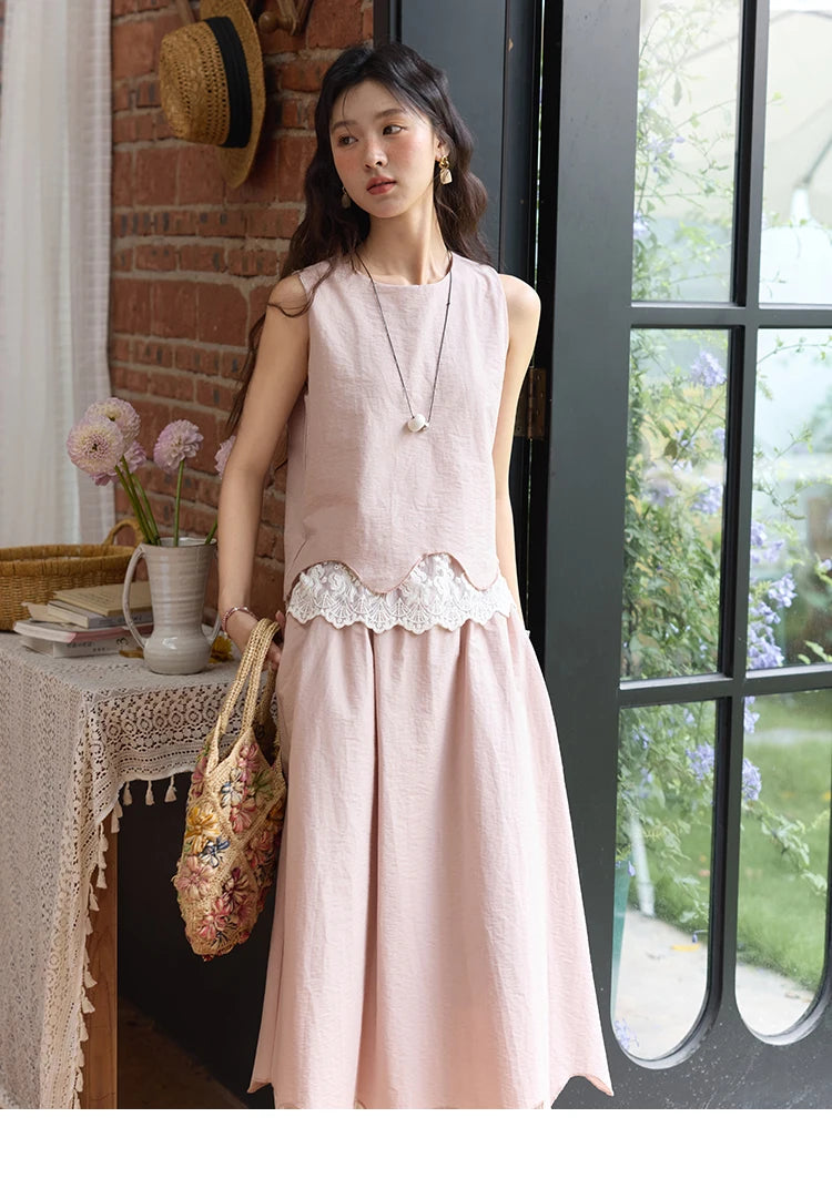 MISHOW Set 2 Piece 2025 Summer Women's O-Neck Lace Patchwork Sleeveless Top Elastic Waist Midi Skirt Elegnat Set MXE36T0641