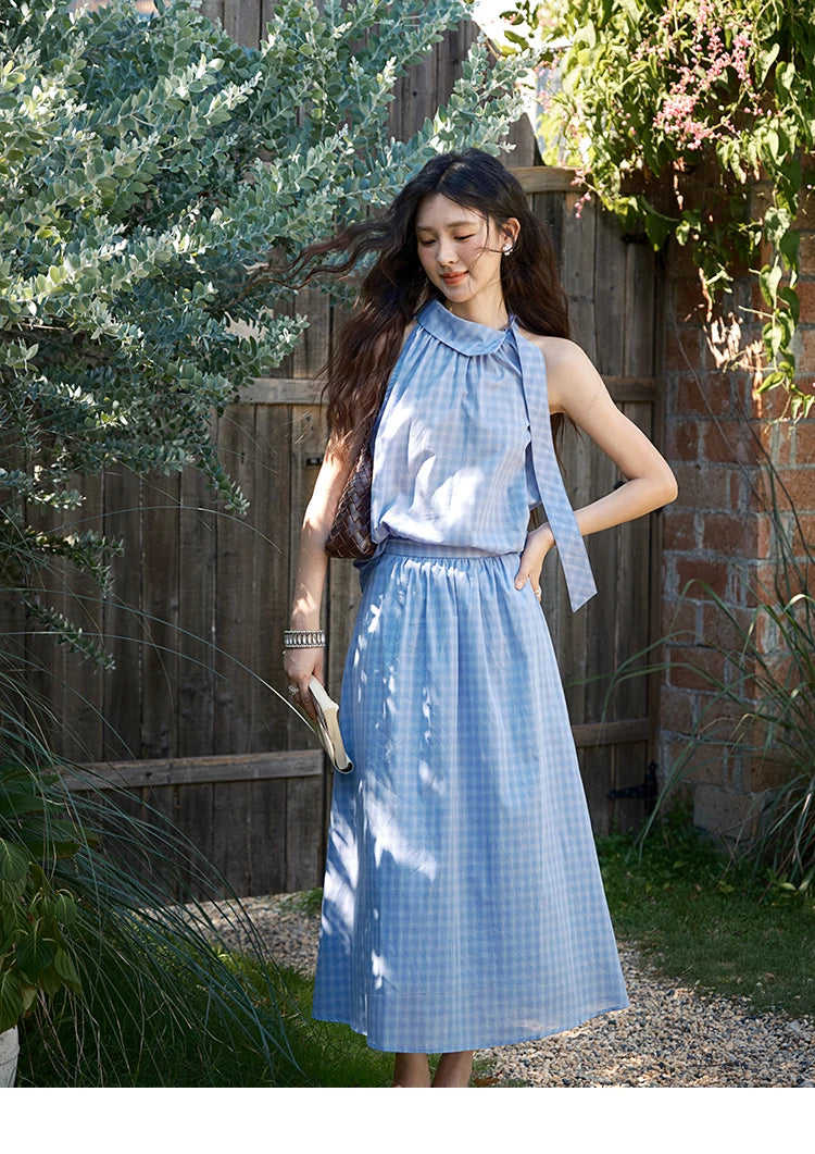 MISHOW Women's 2 Piece Set 2025 Summer Female Vacation Fashion Plaid Hanging Neck Button Top A-line Half Skirt Set MXE39T0711