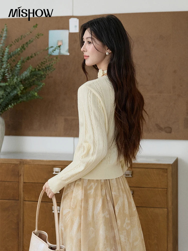 MISHOW Women's Beige Cable Knit Cardigan 2026 Spring Square Neck Long Sleeve Slim Casual Knitwear with Flower Ribbon MXF11Z2903