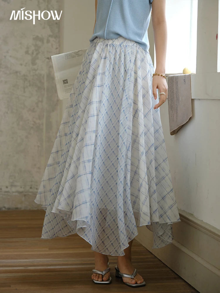 MISHOW Patchwork Plaid Chiffon Half Skirt for Women 2025 Summer Fashion Irregular Wave Edge High Waist A-line Skirt MXE34B0739
