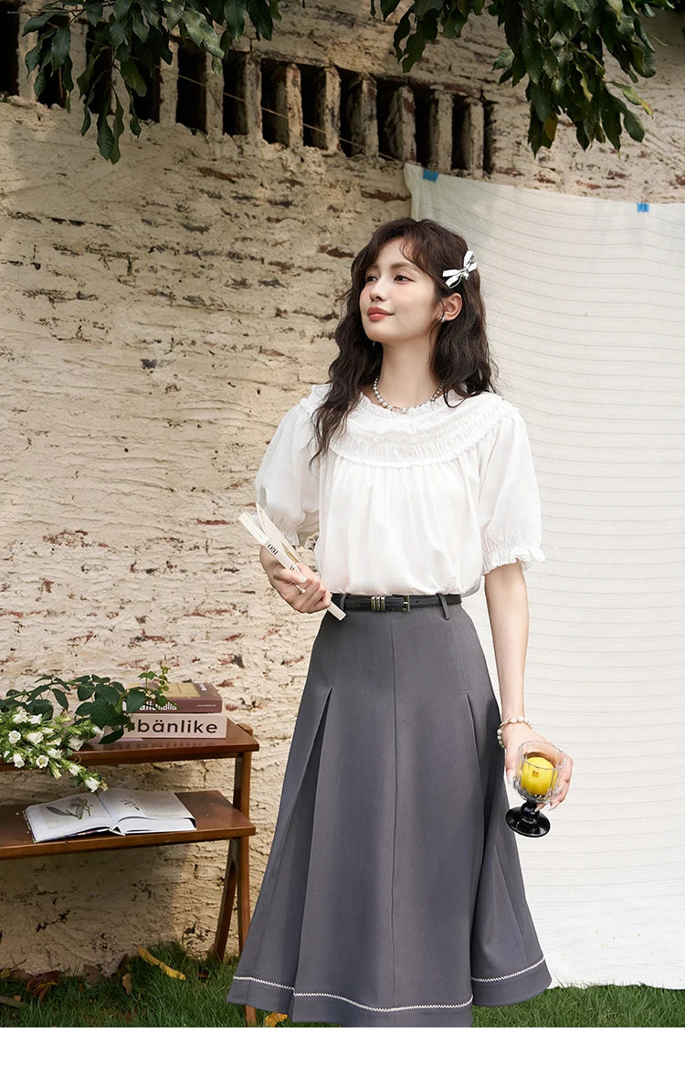 MISHOW French Cotton Bubble Sleeve Blouse Lace Collar MXD23X1500