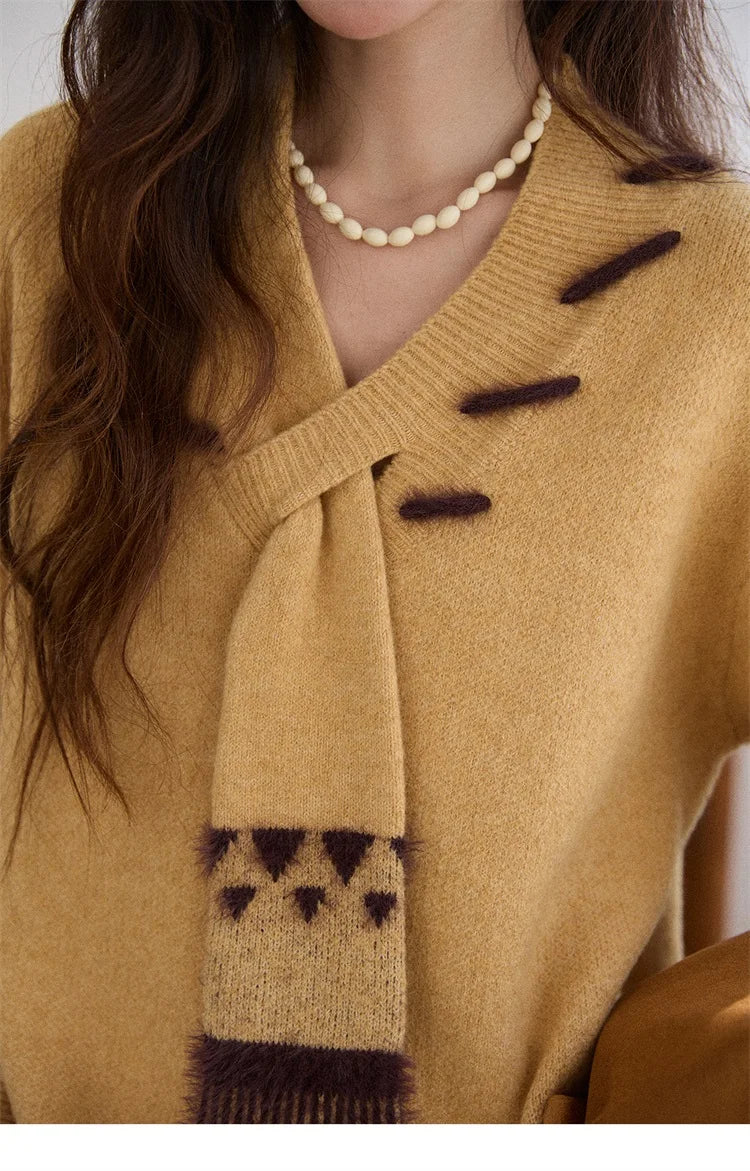 MISHOW Women V-neck Knit Top 2025 French-style Elegant Workwear Long-sleeved Yellow Pullover Women's Winter Clothing MXE87Z2771