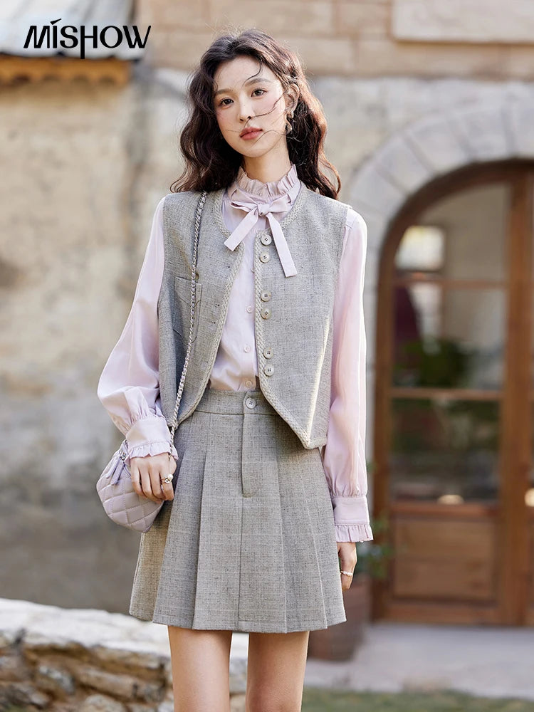 MISHOW Korean Woolen Texture Vest Short Skirt Separately Spring Outfit V-neck Vest Coats Slim A-line Pleated Skirts MXE13W0708