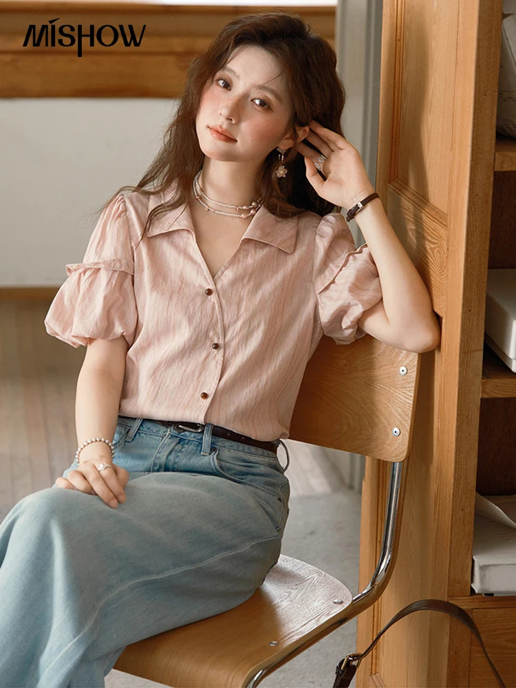MISHOW Ladies Fashion Puff Sleeve Striped Shirt 2025 Summer New Commute Retro Turn-down Collar Top Women's Clothing MXE37C0808