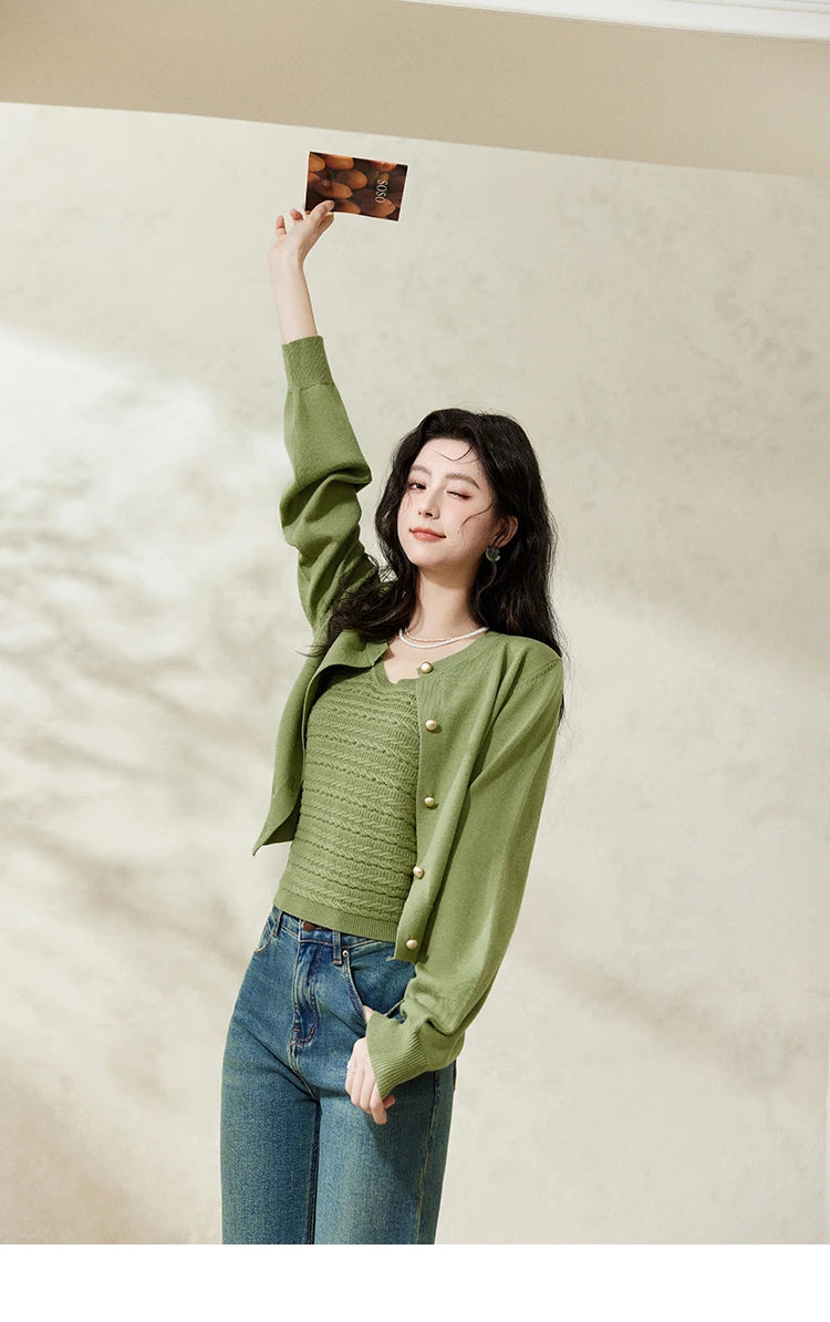 Mishow Avocado Green Metal Button Crochet Cardigan MXE11Z1188