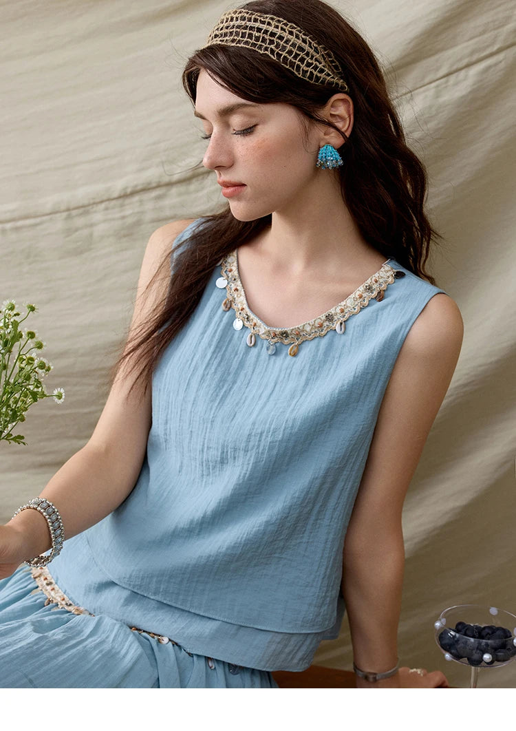 MISHOW Office Lady Summer Vest Skirt Sets Women 2025 Sheel Ribbon Solid Round Neck Tops Loose High Waist Skirt Female MXE32T0556