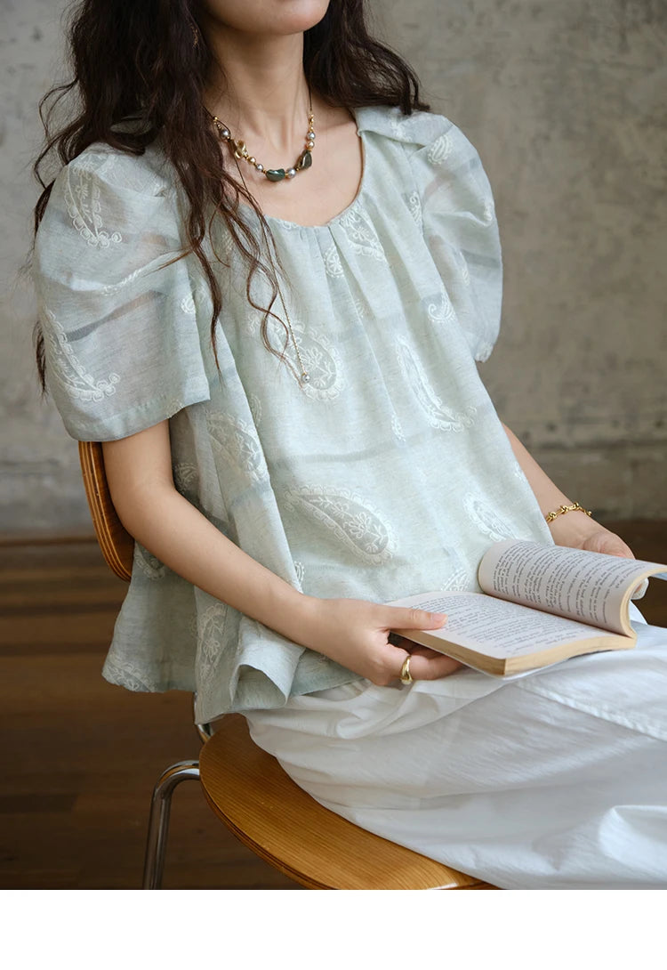 MISHOW O-Neck Blouse for Women 2025 Summer New Fashion Print Embroidery Puff Sleeve Loose Casual Top Ladies Clothing MXE34X1807