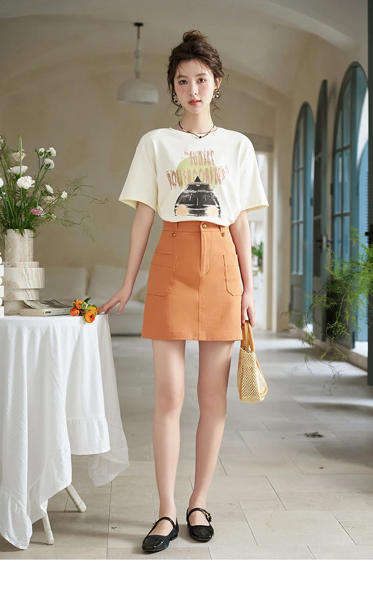 MISHOW Orange Skirt for Women Spring 2024 High Waist Slim A-line Inner Lining Design Symmetric Pocket Short Skirts MXD13B0264