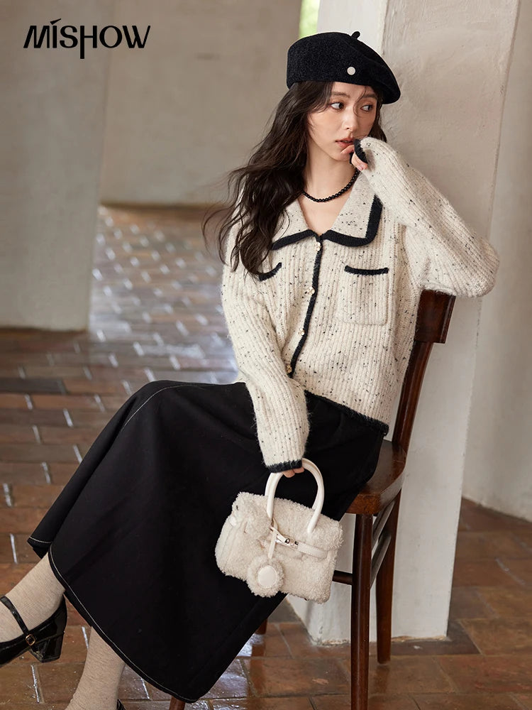 MISHOW Knitted Cardigan Color Clash Sweater Winter New Pockets Design Sweet Romantic Tops Versatile Coat Office Lady MXD55Z1054
