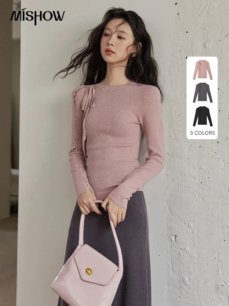 MISHOW Bottom Knit Sweater Women Fashion Hollow Tie Design Bottoming Shirt 2024 Fall New Warm Long-sleeved Slim Tops MXD45Z0766