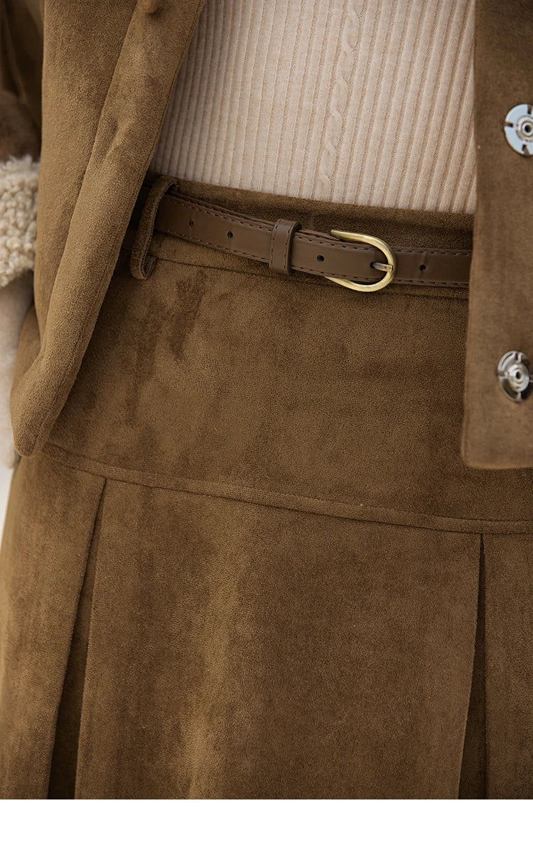 MISHOW Vintage Coats Midi Skirts Separately Brown Suede Plush Jacket Bull Horn Buckle Spliced Design Thick Warm Top MXD36W0500