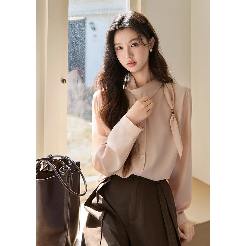 MISHOW Women's Nude Pink Shirt Spring Versatile Ribbon Stand Neck Shirts Button-Down Casual Commute Long Sleeve Top MXE11X2547