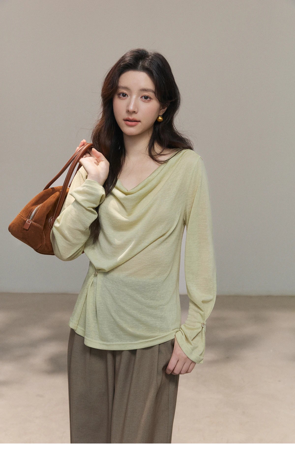 MISHOW Women's Multi Colored Knitted Top 2026 Spring Swinging Collar Flare Sleeve Top Side Twist Whist Casual T-Shirt MXF13T1473