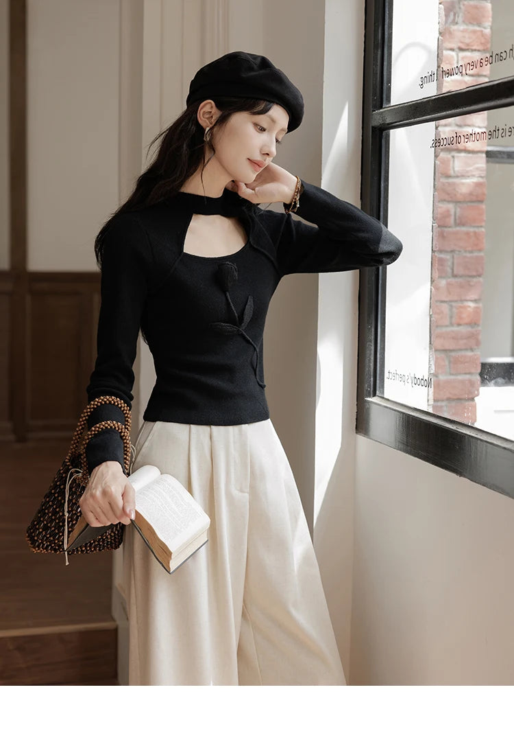 MISHOW Women’s Black Tulip Knitted Sweater French Vintage Hollow Out Sweaters Mock Neck 2024 Fall Elegant Slim Top MXD42Z0731