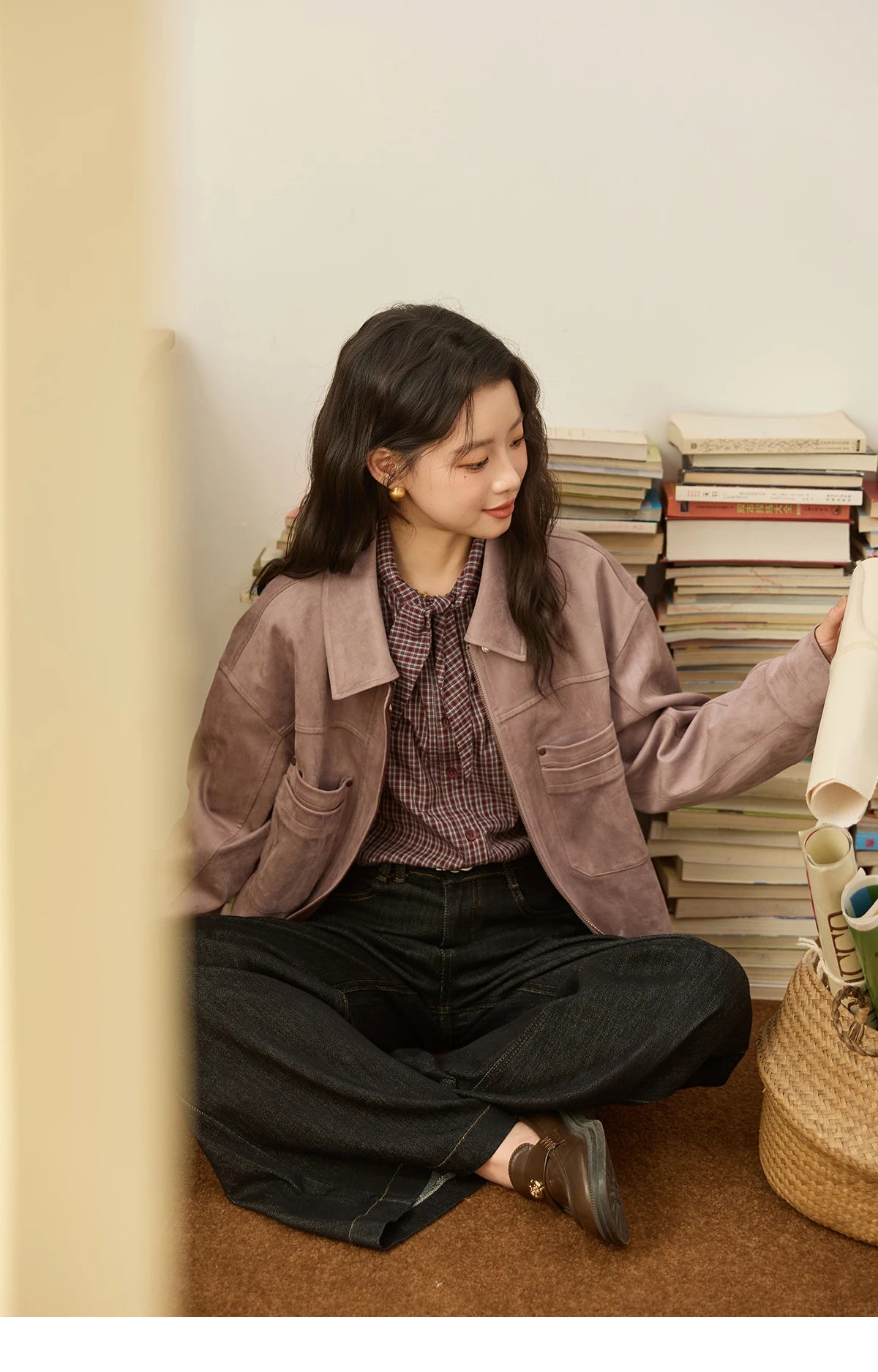 MISMHOW Taro Purple Leather Jacket Autumn 2025 Contrasting Splic Short Jackets Symmetrical Double-layer Pocket Coat MXE44W0816