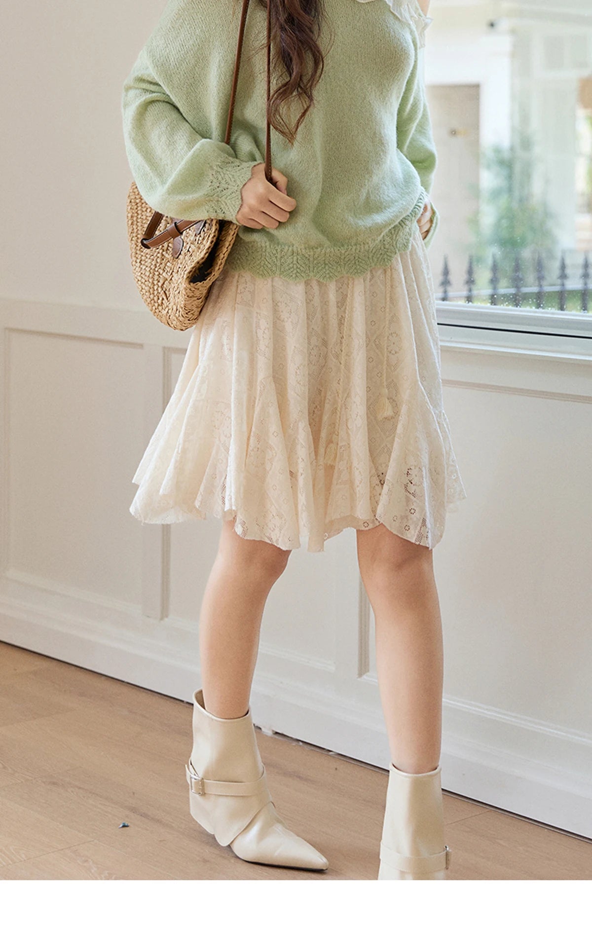 MISHOW Women's Beige Apricot Lace Midi Skirt 2026 Spring High Waist Flowy A-Line Skirts Irregular Romantic Skirt MXF108B0768