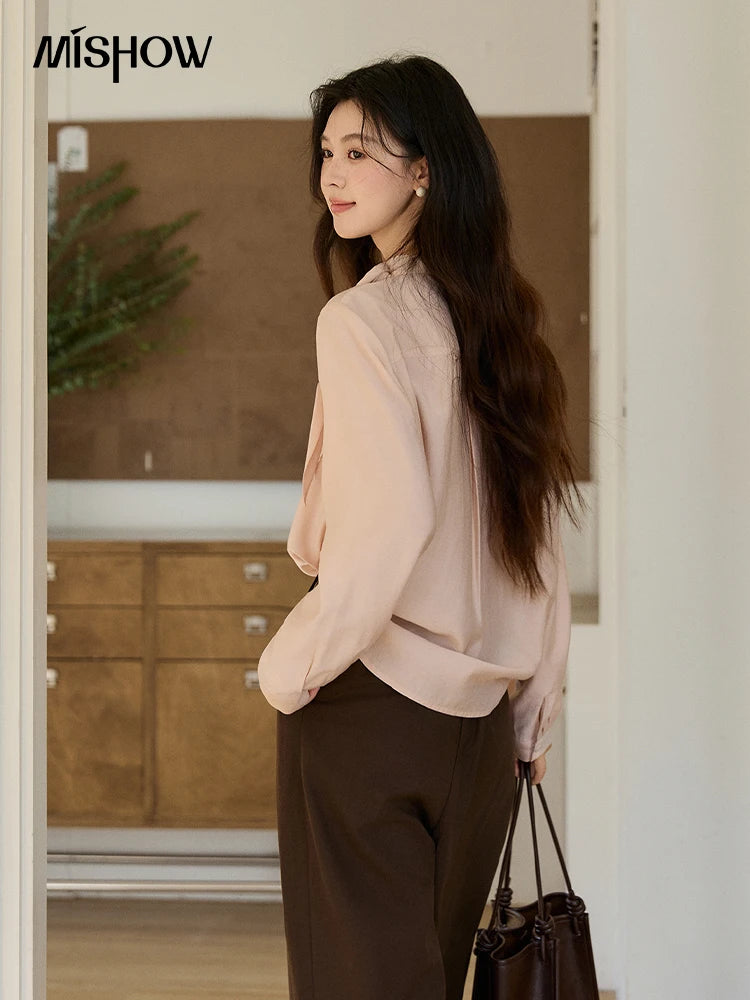 MISHOW Women's Nude Pink Shirt Spring Versatile Ribbon Stand Neck Shirts Button-Down Casual Commute Long Sleeve Top MXE11X2547
