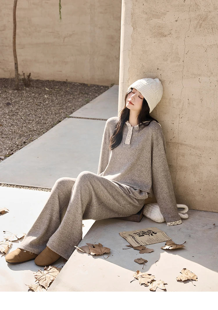 MISHOW Women's Sweatshirt Wide Leg Pants Separately 2025 Fall Winter Lace Splicing Hooded Casual Elastic Waist Pants MXD34V0098