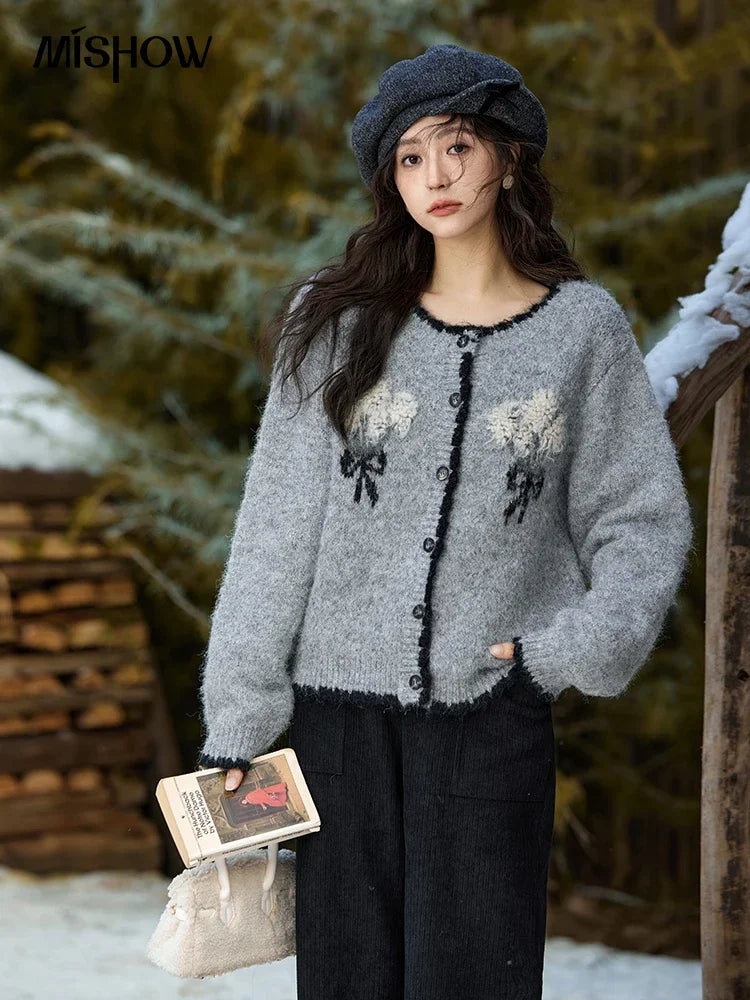MISHOW Wool Blend Knitted Cardigan Pure Bouquet Embroidery Sweater Women Color Clash Design Soft Warm Regular Fit Top MXD54Z0951
