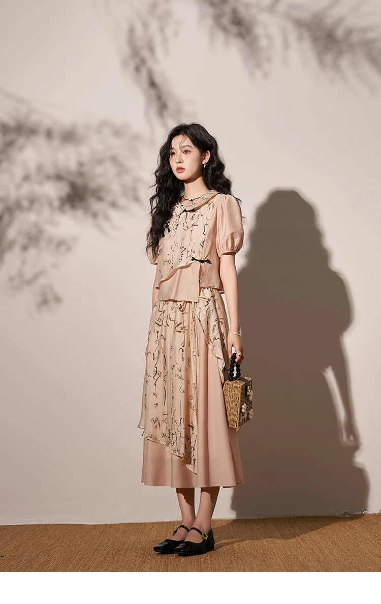 MISHOW Chinese Polo Neck Top Asymmetric Fork Skirt Separately Summer Floral Puff Sleeve Shirt High Waist A-line Skirt MXD22X1396