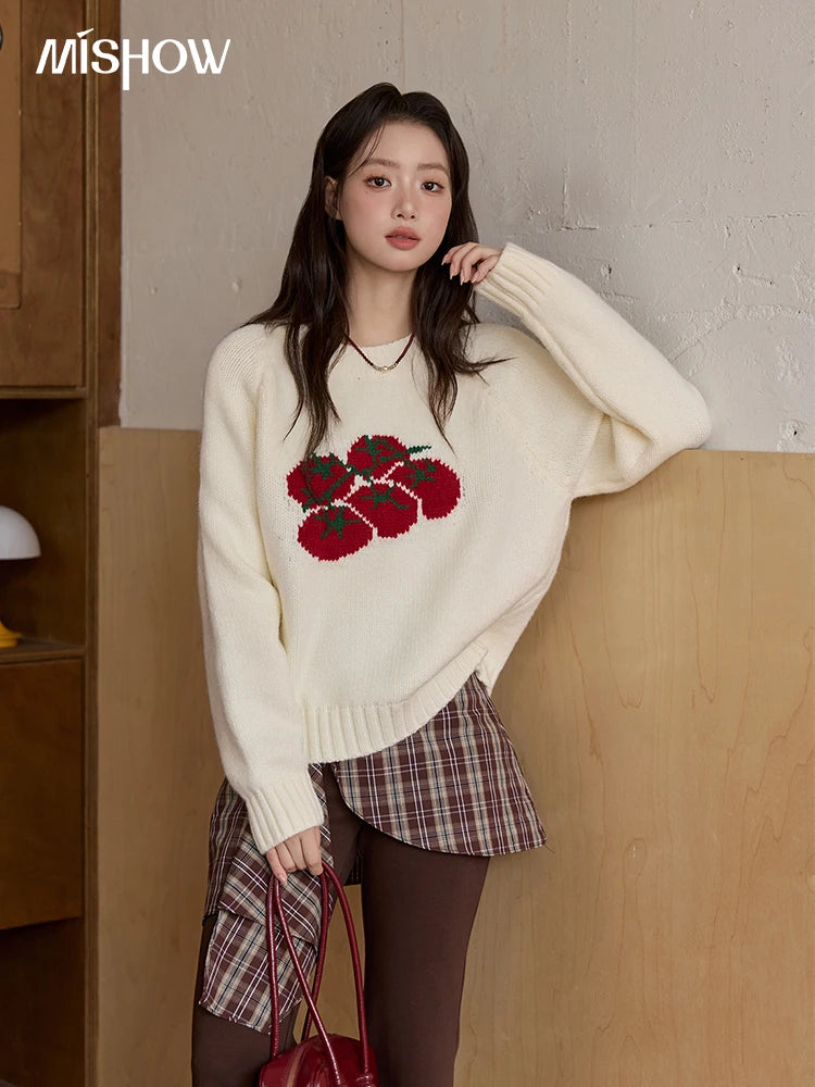 MISHOW Women's Off-white Sweater 2025 Winter new Tomato Jacquard Long-sleeved Sweater Loose Casual Knitted Pullover MXE51Z2692