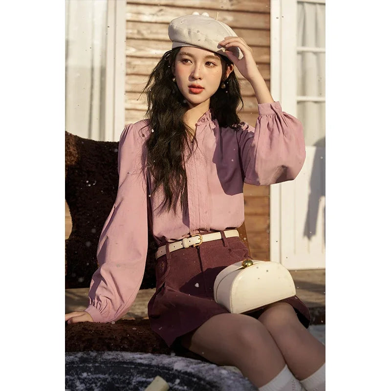 MISHOW French Autumn Winter Button Up Lantern Long Sleeve Shirts Women Ruffle Neck Thick Warm Blouse Flannel Shirt MXC56X1320