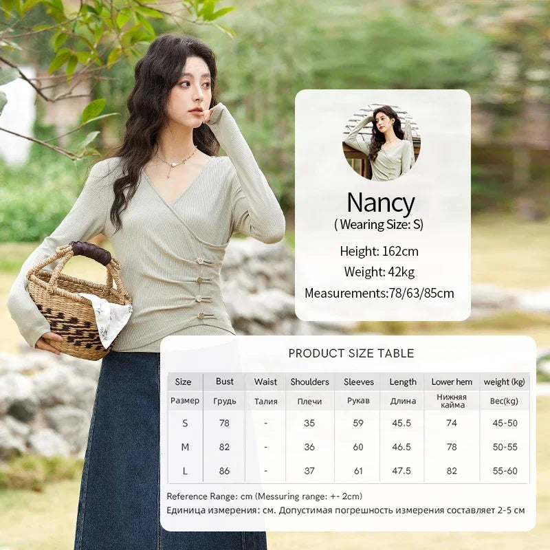 MISHOW Knitted Sweater Solid Color V-neck Long Sleeved Women Spring Summer New Fashion Elastic Slim Tshirt Tops Sweet MXE11Z1076